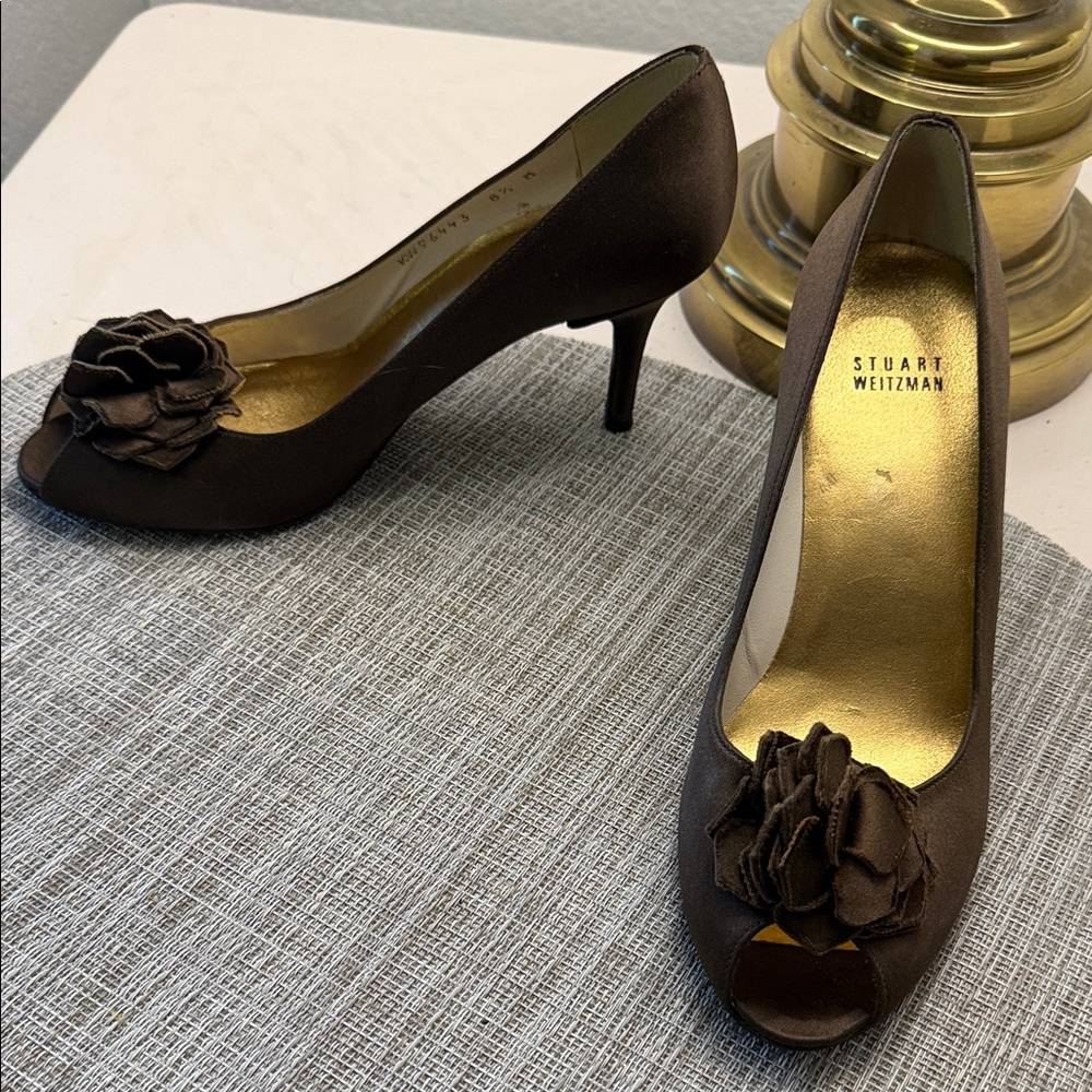 Stuart Weitzman Brown Satin Peep-Toe Heels with Floral Rosette